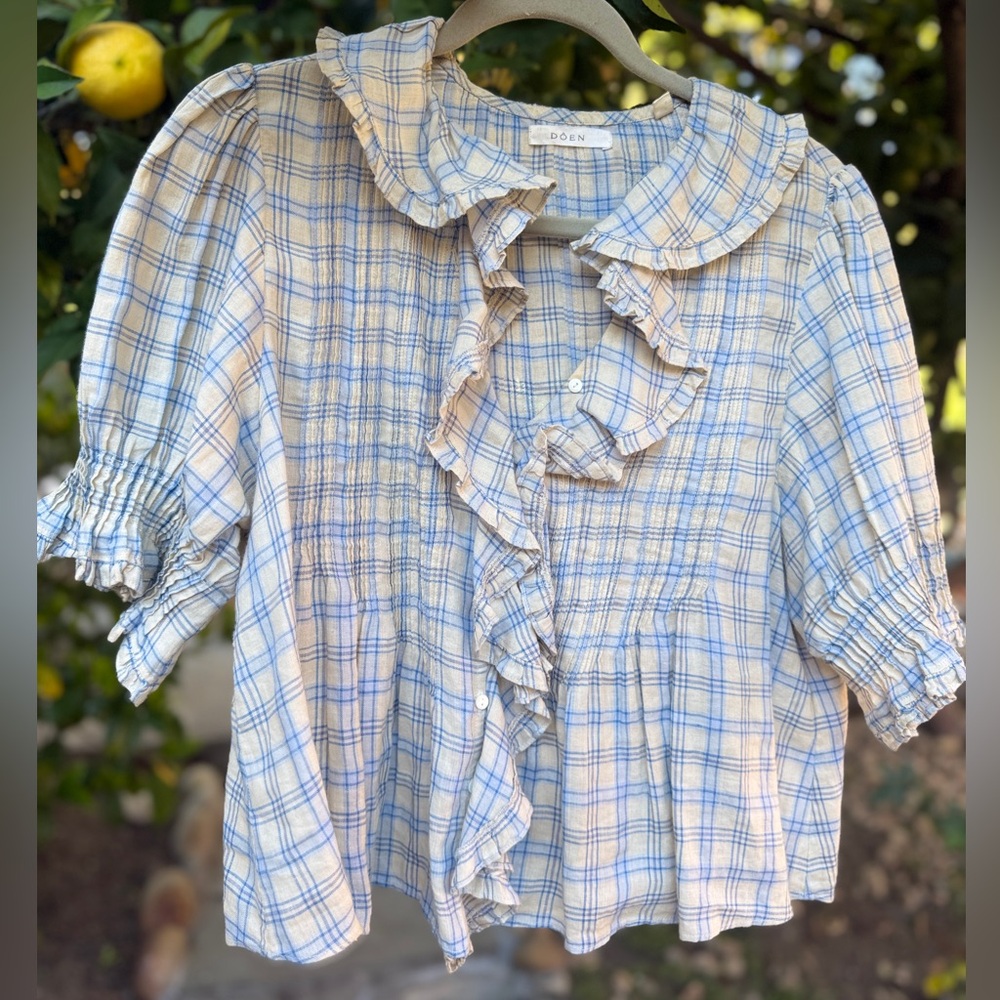 Doen Blue and Cream Plaid Blouse